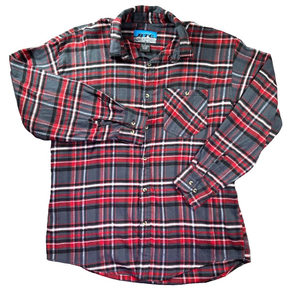 BTC Flannel Shirt Mens Large Red Fall Plaid Western Lumberjack Grunge Cowboy